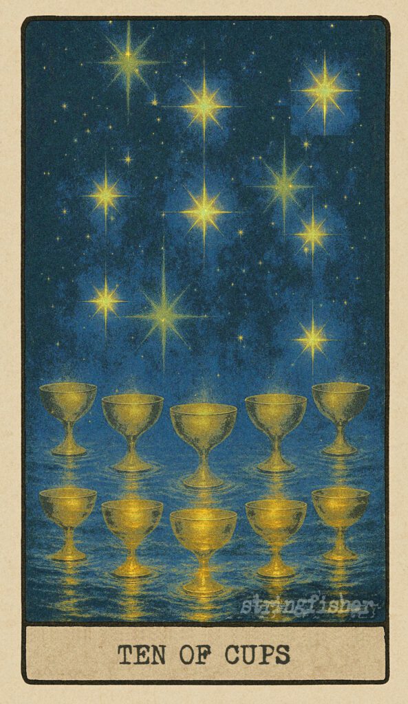 Stringfisher Tarot, Ten of Cups, mythic theme of emotional fulfillment and unity. Ten cups hover in a soft arc over a rippling lake, each reflecting a different star above. Symbol of soul-deep contentment, mutual resonance, and emotional wholeness.