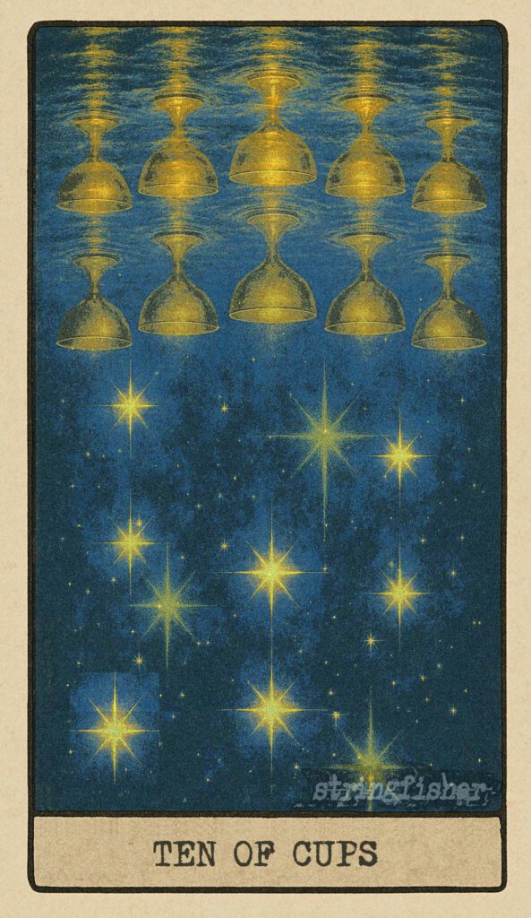 Stringfisher Tarot, reversed Ten of Cups, symbolic illusion of happiness and emotional instability. Ten cups hover over a lake, but their reflections distort—stars blurred, ripples harsh. Symbol of performative unity, emotional dependency, and tension beneath joy.
