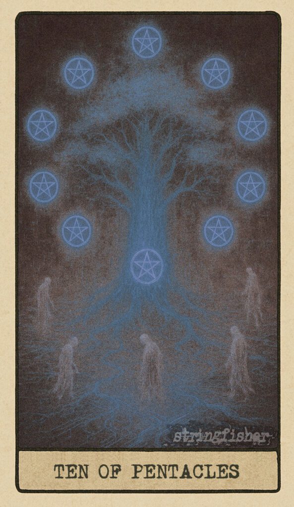 Stringfisher Tarot, Ten of Pentacles, mythic theme of legacy and community wealth. Ten Cores float in a glowing orbit around a massive tree-temple. Ghostly ancestors walk the root-paths beneath. Symbol of long-term stability, inheritance, and generational connection.