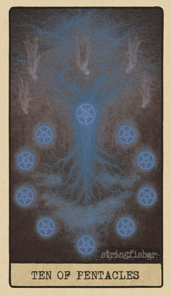 Stringfisher Tarot, reversed Ten of Pentacles, symbolic generational rift and crumbling legacy. Ten Cores drift unevenly around a fractured tree-temple. The roots are exposed, and ancestral ghosts wander aimlessly. Symbol of instability, broken tradition, and unpaid debt.