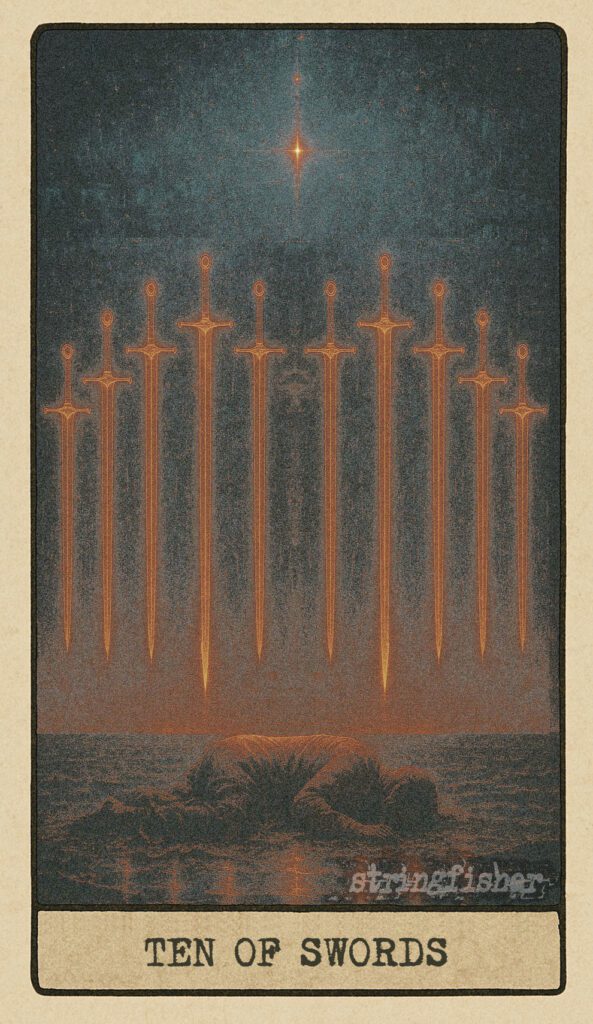 Stringfisher Tarot, Ten of Swords, mythic theme of painful truth and finality. A fallen figure lies beneath ten glowing swords arranged in a celestial diagram. The sky behind them shows the moment of reset. Symbol of ego death, betrayal, and the end of a cycle.