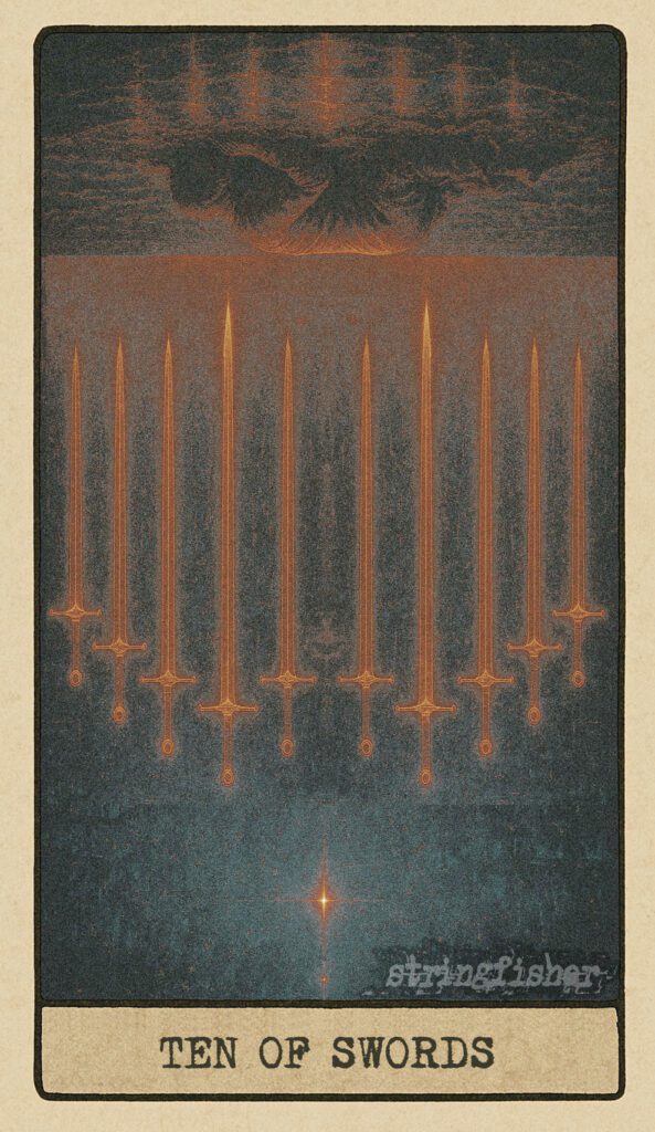 ChatGPT said: Here is the reversed entry for the Ten of Swords – Fatal Clarity, Stringfisher Tarot style, SEO-aware, and absolutely no em dashes. Title Ten of Swords (Reversed) – Reboot Signal | Stringfisher Tarot Alt Text Stringfisher Tarot, reversed Ten of Swords, symbolic survival and new beginnings after betrayal. A figure rises from beneath ten scattered swords, the celestial diagram above them beginning to reform. The sky is clearing, and the sense of reset is palpable.