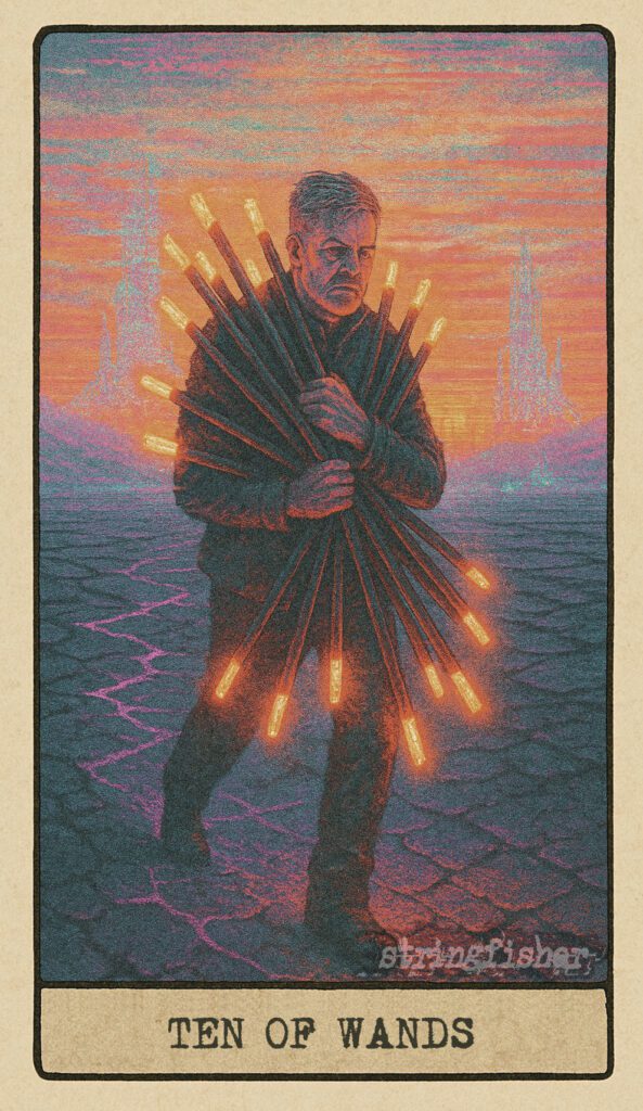 Stringfisher Tarot, Ten of Wands, mythic theme of burden and completion. A solitary figure carries ten glowing wands across a fractured desert. The load glows unevenly, and the destination remains unseen. Symbol of carrying weight, the burden of success, and nearing the end of a demanding journey.
