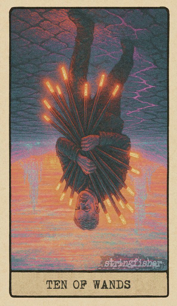 Stringfisher Tarot, reversed Ten of Wands, symbolic burnout and responsibility denial. A solitary figure has dropped several wands in a fractured desert, their load scattered and dim. The journey halts, burden overwhelms, and the path is lost in shadow.