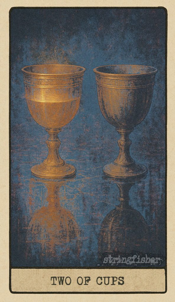 Stringfisher Tarot, Two of Cups, mythic theme of mutual connection and shared emotional resonance. Two cups sit on a mirrored surface—one full, one empty—yet both reflect each other identically, symbolizing unity, vulnerability, and psychic intimacy.
