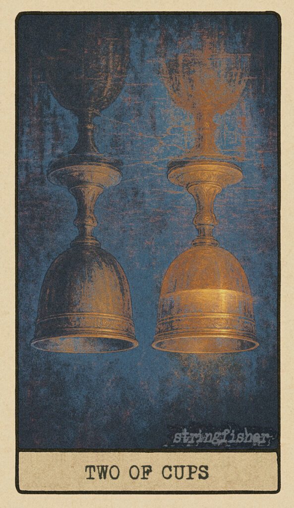 Stringfisher Tarot, reversed Two of Cups, symbolic emotional misalignment and psychic dissonance. Two cups rest on a mirrored surface—one full, one empty—but their reflections are distorted, suggesting distance, projection, and imbalance.
