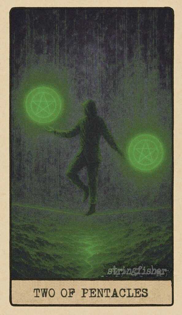 Stringfisher Tarot, Two of Core, mythic theme of time and energy management. A figure walks a thin wire stretched over shifting terrain, juggling two glowing Cores suspended in balance. Symbol of real-world stability through motion, adaptation, and ritual rhythm.