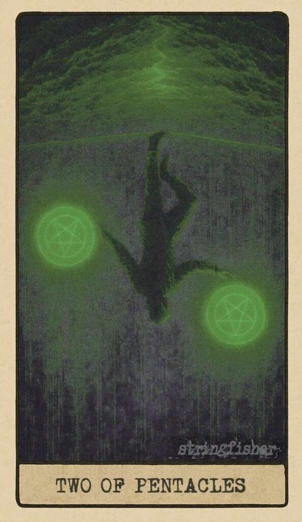 Stringfisher Tarot, reversed Two of Core, symbolic instability and mismanaged priorities. A figure stumbles on a fraying wire above shifting terrain, two Cores falling out of sync—one dimming, one glitching. Symbol of burnout, imbalance, and unsustainable routines.