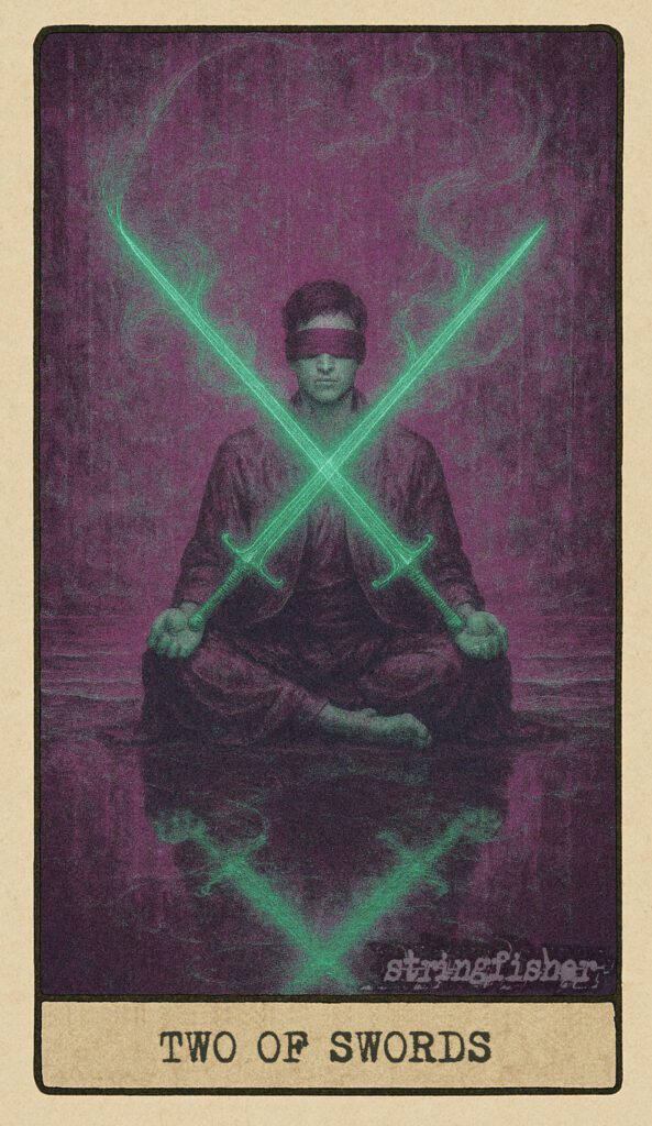 Stringfisher Tarot, Two of Swords, mythic theme of inner conflict and choice through stillness. Two swords cross above a blindfolded figure seated between a shifting shoreline and a rising wall of code. Symbol of truce, decision, and silent balance.