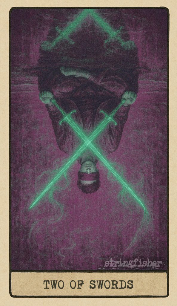 Stringfisher Tarot, reversed Two of Swords, symbolic avoidance and repressed tension. Two swords cross above a blindfolded figure who turns away from both shoreline and wall of code. The scene feels frozen, indecision hangs heavy, and the signal is unclear.