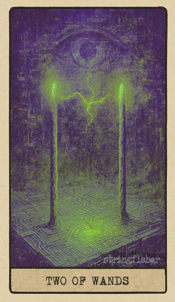 Stringfisher Tarot, Two of Wands, mythic theme of decision and creative tension. Two wands are planted in a circuit-board platform, each pointing to a different horizon. Between them, a faint red signal crackles with unresolved energy. Symbol of path divergence, choice, and anticipation.