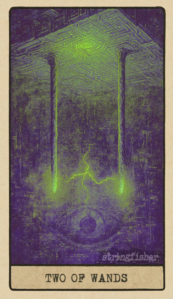 Stringfisher Tarot, reversed Two of Wands, symbolic indecision and misalignment. Two wands are planted in a circuit-board platform, but the red signal between them fades and flickers. The horizons blur, and energy dissipates in unresolved tension.