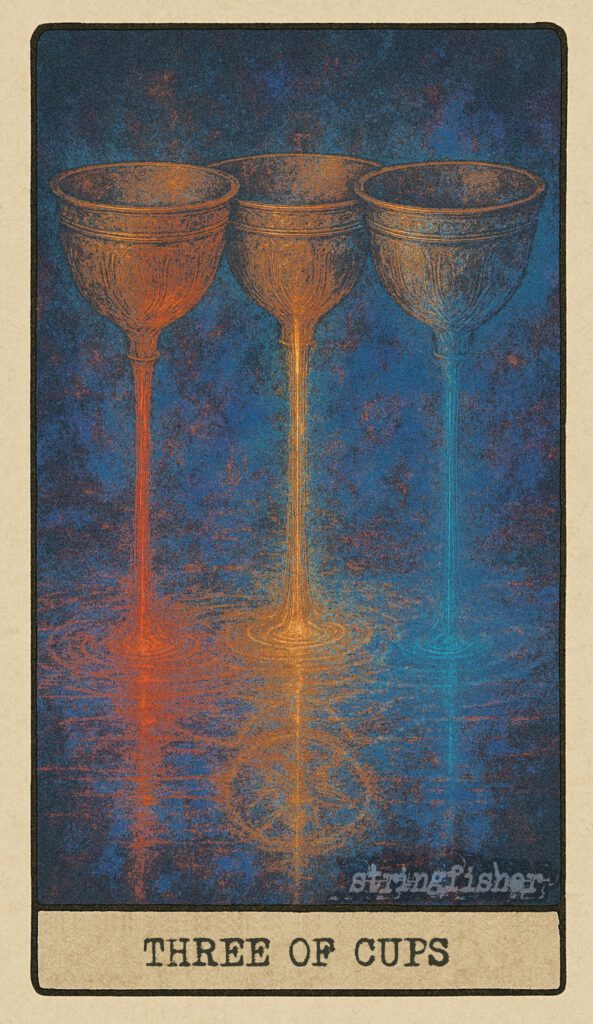 Stringfisher Tarot, Three of Cups, mythic theme of celebration and shared emotional resonance. Three radiant cups hover in a triangle, each pouring a thread of light into a shared pool below, symbolizing unity, collaboration, and joyful connection.