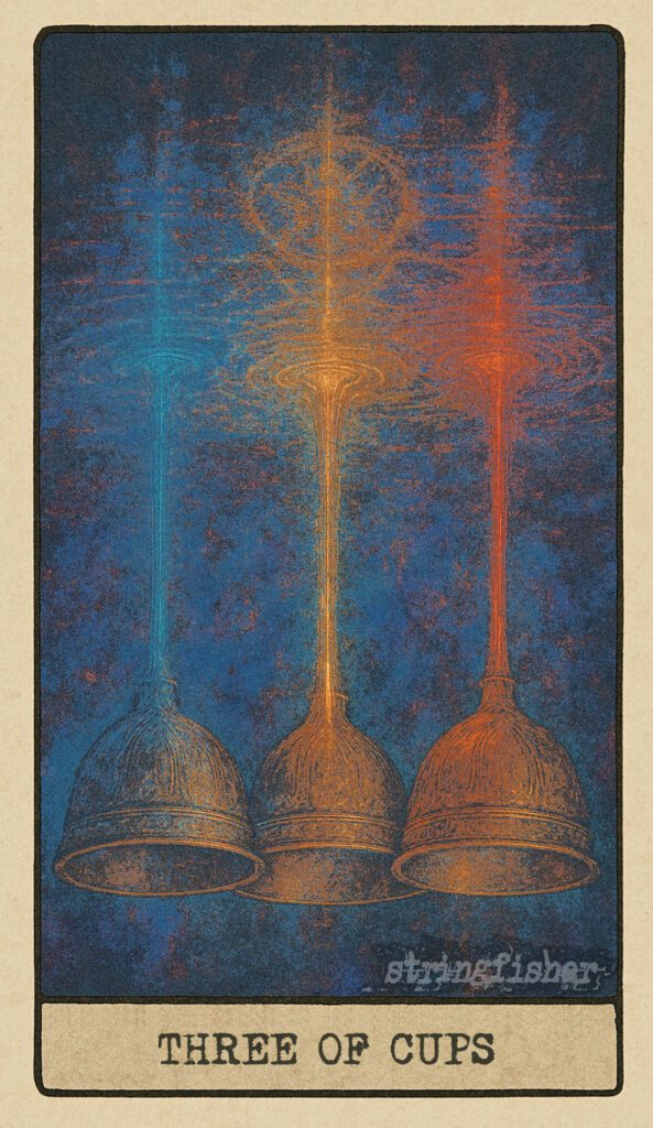 Stringfisher Tarot, reversed Three of Cups, symbolic emotional dissonance and false celebration. Three radiant cups float in a triangle, but their light threads tangle and miss the shared pool below. Symbol of fractured unity and superficial joy.
