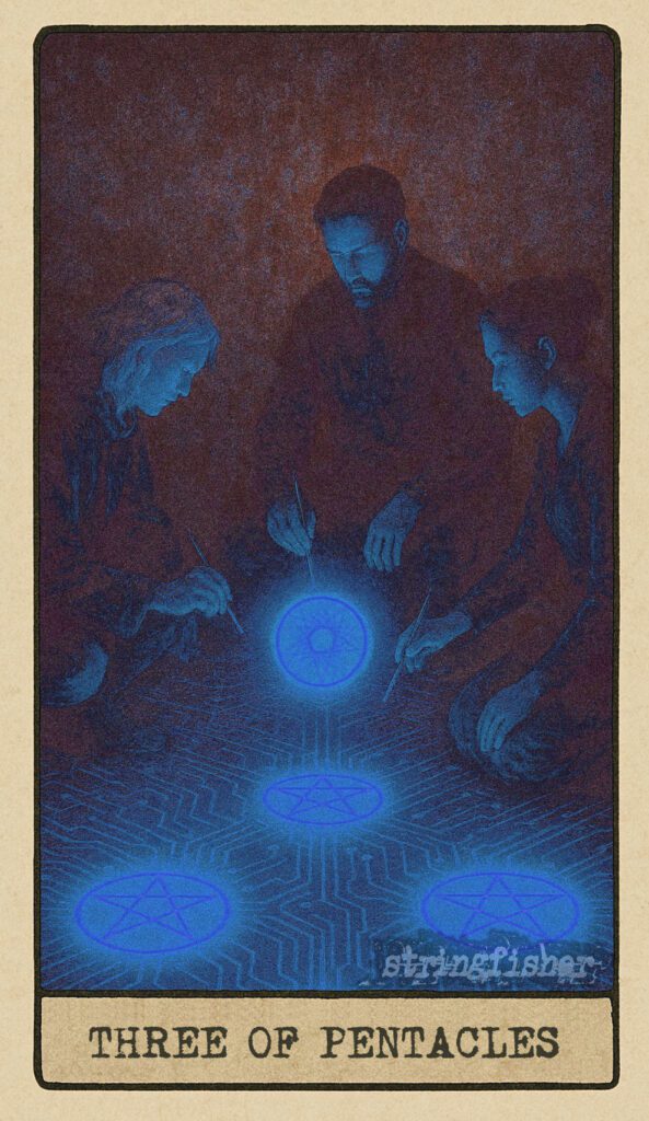 Stringfisher Tarot, Three of Pentacles, mythic theme of collaboration and shared creation. Three figures kneel over a glowing circuit-floor, inscribing sigils in tandem. Three Cores pulse in synchrony. Symbol of teamwork, skill-building, and grounded ambition.