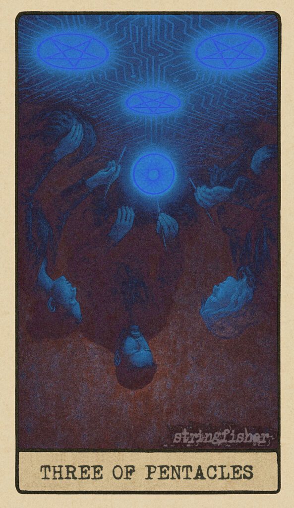 Stringfisher Tarot, reversed Three of Pentacles, symbolic disharmony in work and lack of support. Three figures sit apart on a dark circuit floor, their tools scattered and their Cores flickering out of sync. Symbol of failed collaboration, creative disconnection, and poor structural integrity.