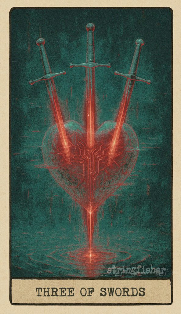 Stringfisher Tarot, Three of Swords, mythic theme of heartbreak and sharp realization. Three swords pierce a hollowed Core made of glass and signal. Glitch-light bleeds from the fractures. Symbol of emotional pain and clarity born from loss.