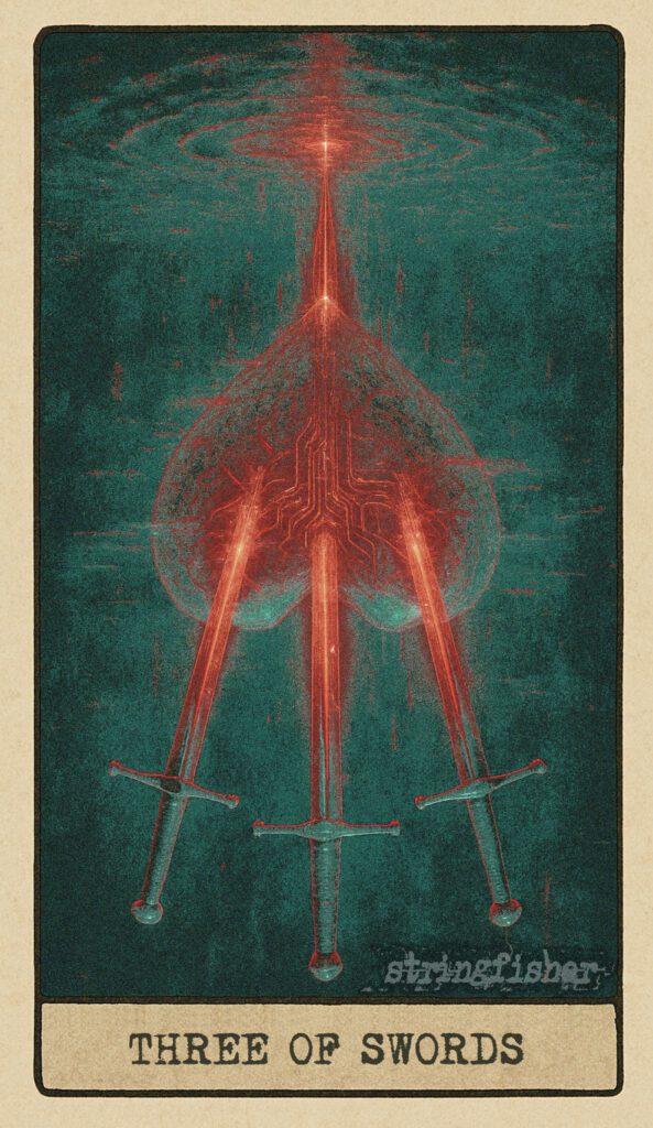Stringfisher Tarot, reversed Three of Swords, symbolic healing and suppressed grief. Three swords linger above a cracked Core of glass and signal. Glitch-light flickers but does not bleed. Symbol of denial, delayed pain, and the struggle to process heartbreak.
