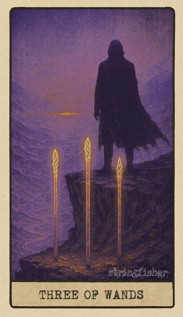 Stringfisher Tarot, Three of Wands, mythic theme of momentum and expanding vision. Three wands rise from a ledge over a digital valley, sending signal waves outward. A silhouetted figure stands behind them, bathed in soft light. Symbol of progress, anticipation, and foresight.