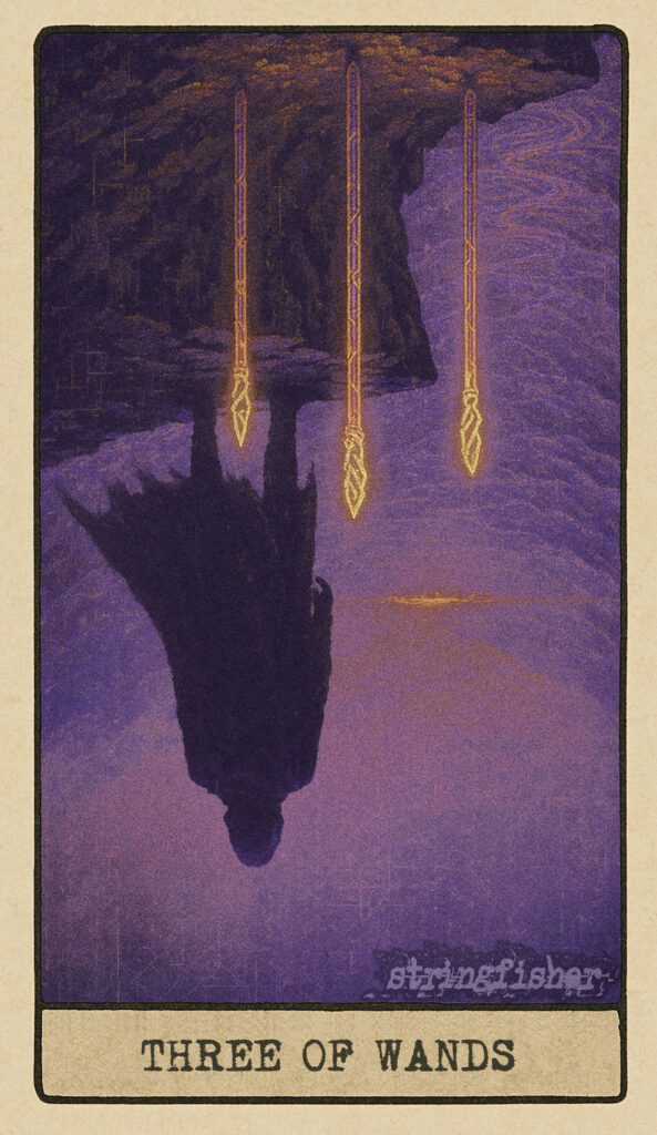 Stringfisher Tarot, reversed Three of Wands, symbolic impatience and delayed results. Three wands stand on a ledge above a digital valley, but the signal waves falter and fade. The silhouetted figure is tense, light is dimmer, and the horizon feels far away.