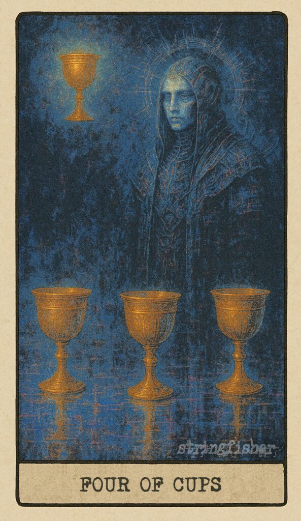 Stringfisher Tarot, Four of Cups, mythic theme of emotional withdrawal and introspection. Three cups sit grounded while a fourth hovers above them. A distant figure looks past all four, reflecting discontent and inner searching.