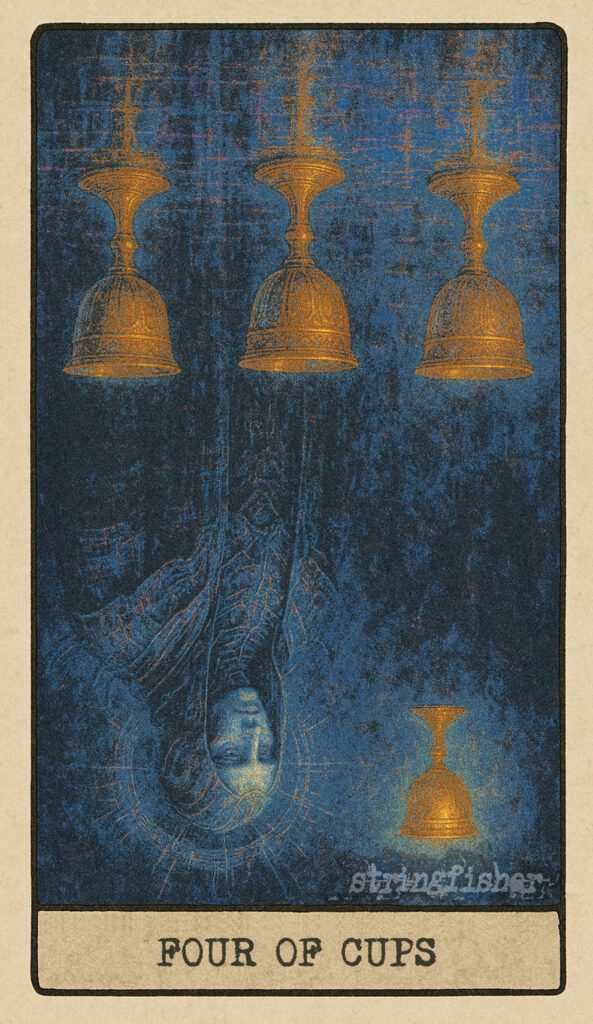 Stringfisher Tarot, reversed Four of Cups, symbolic emotional stagnation and avoidance. Three cups grounded, one levitating above. The figure remains unmoved, gaze vacant, depicting disconnection, burnout, and emotional inertia.
