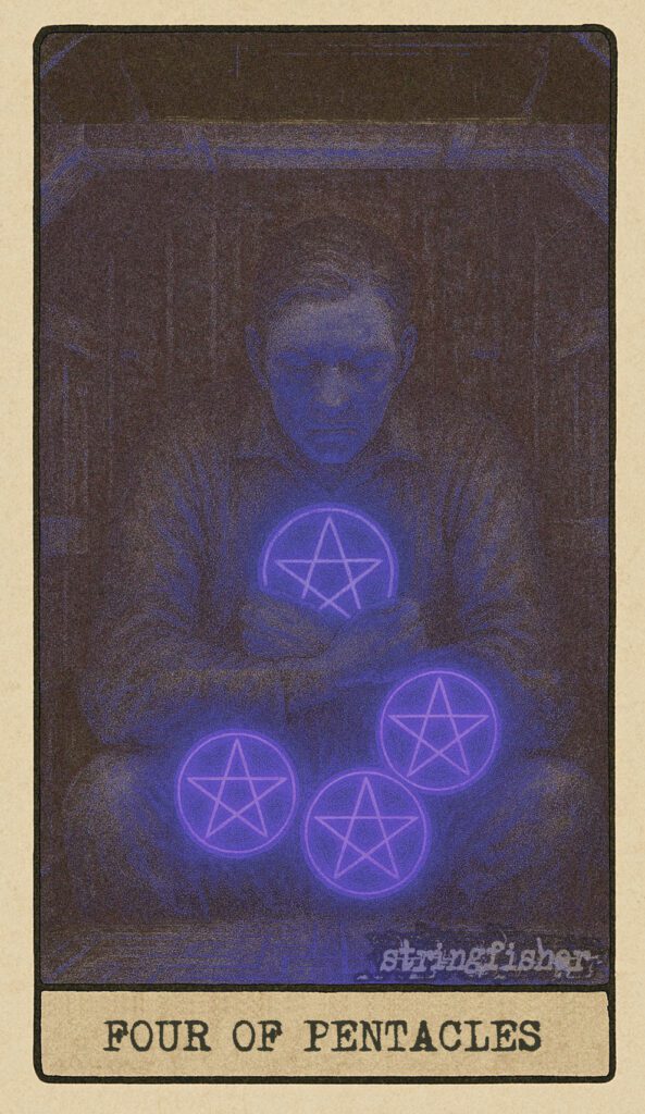 Stringfisher Tarot, Four of Pentacles, mythic theme of security and guarded resources. A figure grips four Cores tightly while seated inside a reinforced structure. Faint light seeps through cracks in the walls. Symbol of self-protection, possession, and material control.