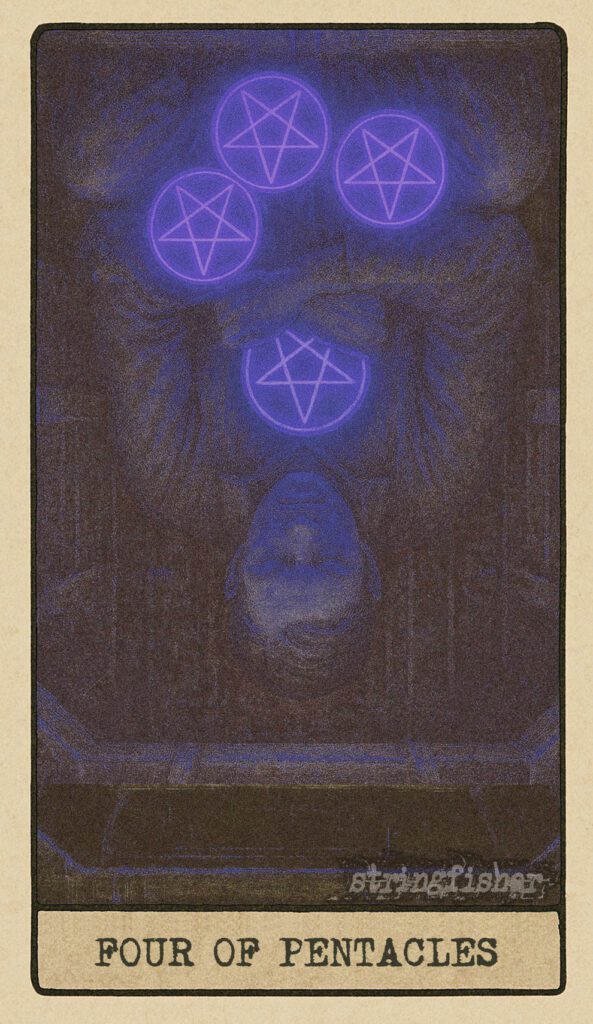Stringfisher Tarot, reversed Four of Pentacles, symbolic greed and fear of loss. A figure clutches four Cores with white-knuckled tension inside a sealed structure. The cracks in the walls are now wide, letting shadows in instead of light. Symbol of material stagnation, blocked energy, and anxious control