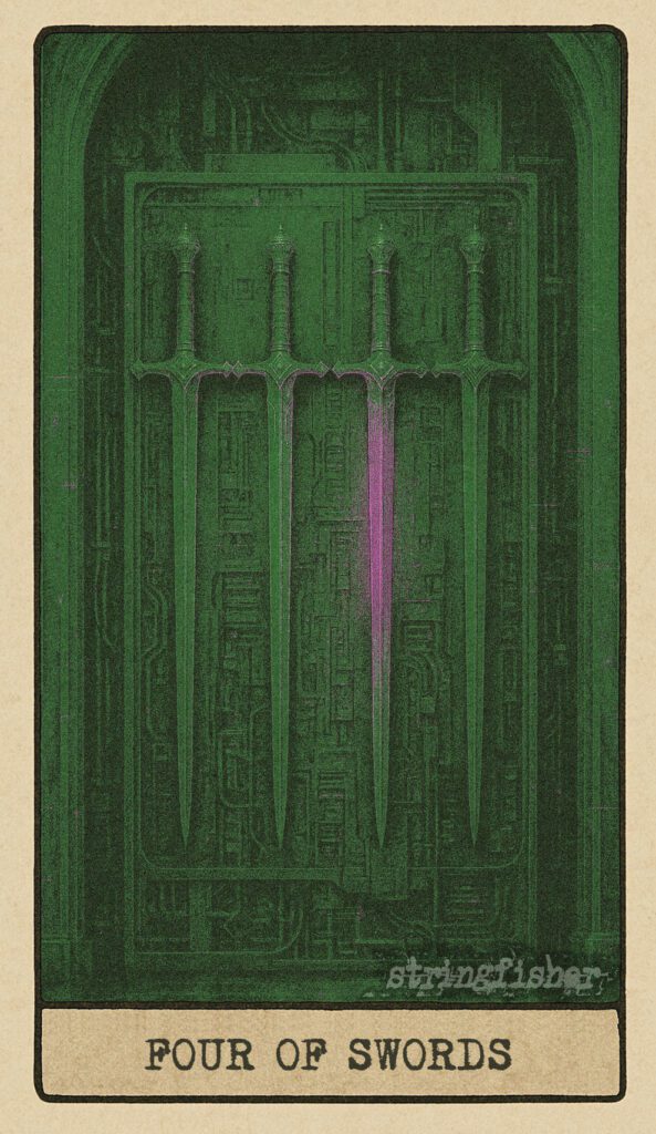 Stringfisher Tarot, Four of Swords, mythic theme of rest and mental stillness. Four swords are mounted on the wall like shutdown programs in a silent room. Only one faint pulse remains active. Symbol of rest, retreat, and the necessity of recalibration.