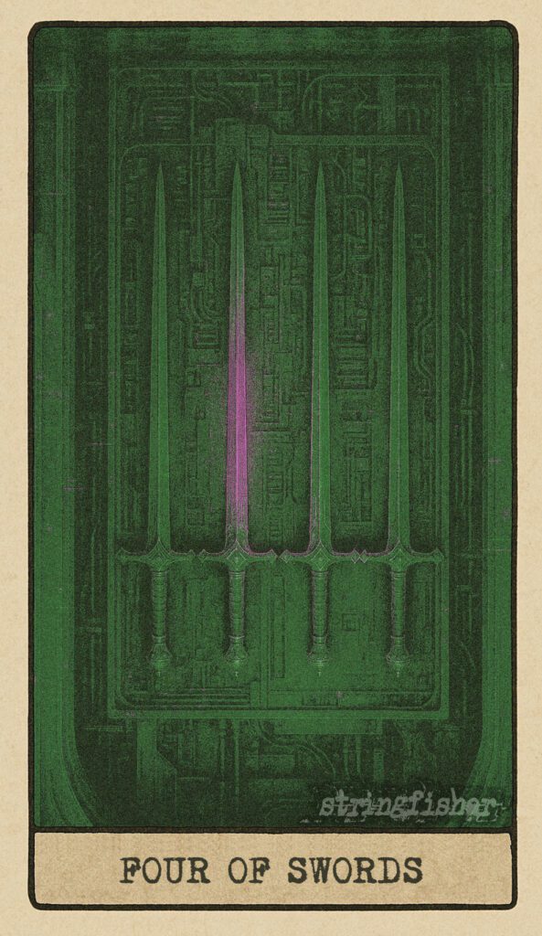 Stringfisher Tarot, reversed Four of Swords, symbolic stagnation and unrest. Four swords are mounted on the wall in a silent room, but their lights flicker erratically. The faint pulse is frantic, unable to rest. Symbol of resistance to healing, mental exhaustion, and stalled recovery.