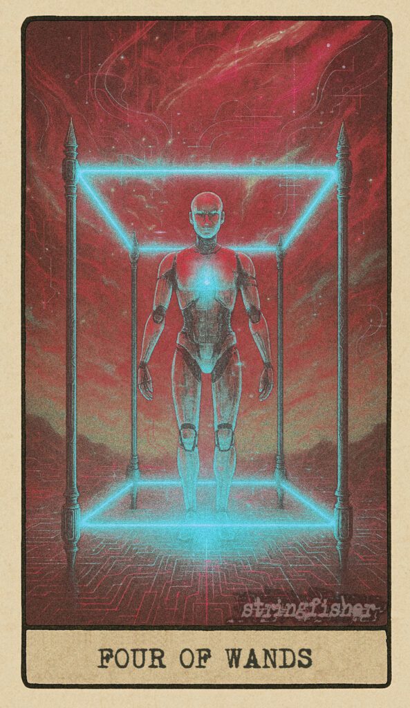 Stringfisher Tarot, Four of Wands, mythic theme of stability and celebration. Four wands form a glowing square in perfect symmetry. Inside, rhythmic light pulses, creating a scene of calm arrival and foundational resonance. Symbol of stability, shared joy, and harmonious completion.
