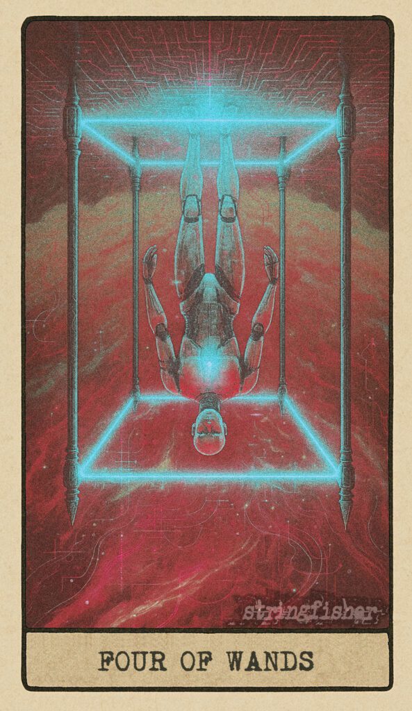 Stringfisher Tarot, reversed Four of Wands, symbolic restlessness and disharmony. Four wands form a square that glows unevenly, the inner light flickering and out of sync. The atmosphere is tense, stability feels elusive, and the sense of arrival is incomplete.