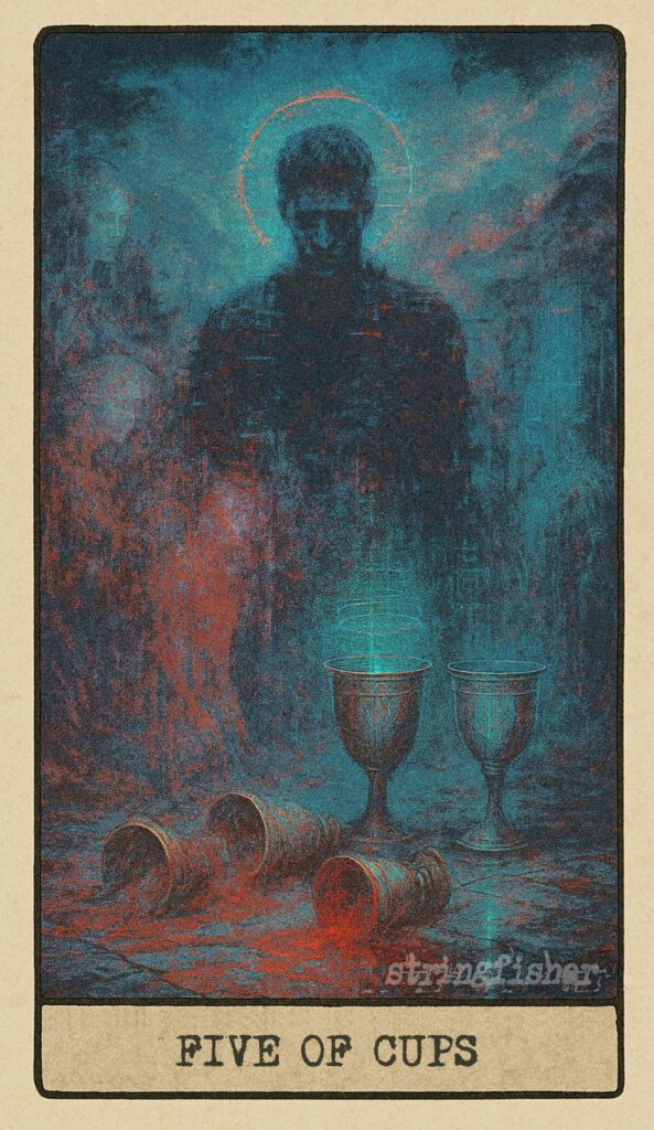 Stringfisher Tarot, Five of Cups, mythic theme of grief, loss, and emotional residue. Three cups lie spilled in shadow, while two upright ones glow behind. A faint ghost figure hovers near the fallen cups, evoking sorrow and remembrance.