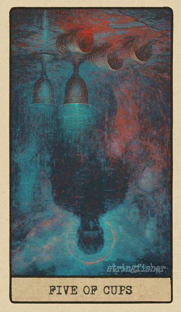 Stringfisher Tarot, reversed Five of Cups, symbolic emotional recovery and integration. Two upright cups glow in soft focus, while three shadowed cups fade behind. A faint ghost dissolves into light, symbolizing healing after grief.