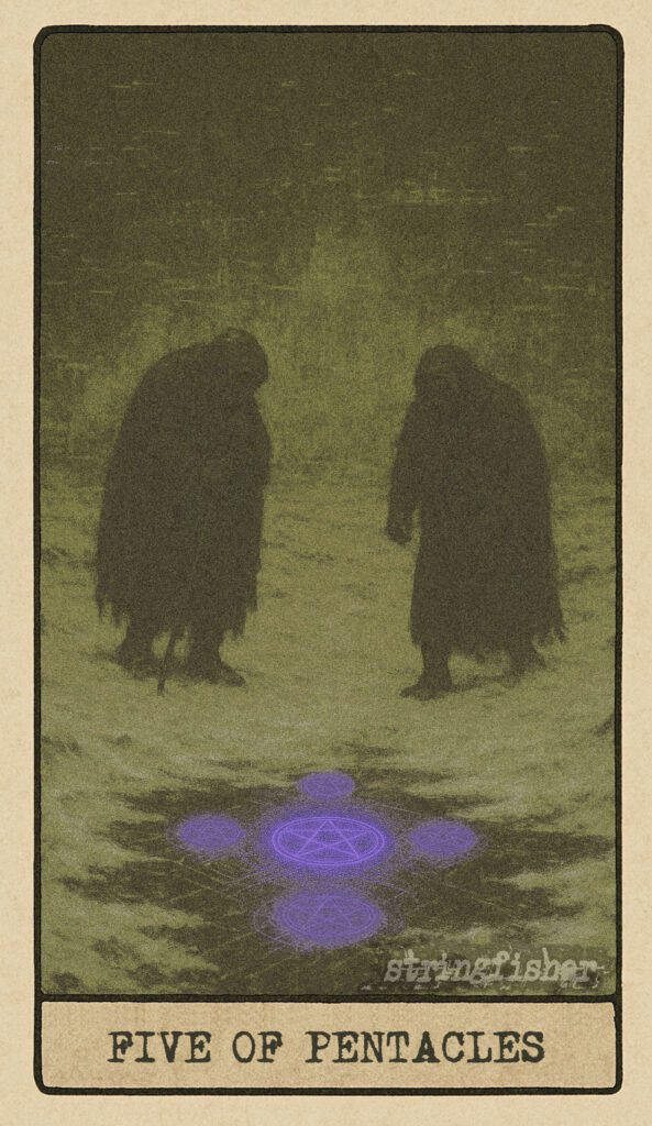 Stringfisher Tarot, Five of Pentacles, mythic theme of material loss and hardship. Two figures wander through a frozen wasteland. Beneath the ice, a single Core glows faintly, hidden from view. Symbol of crisis, exile, and the unnoticed possibility of support.