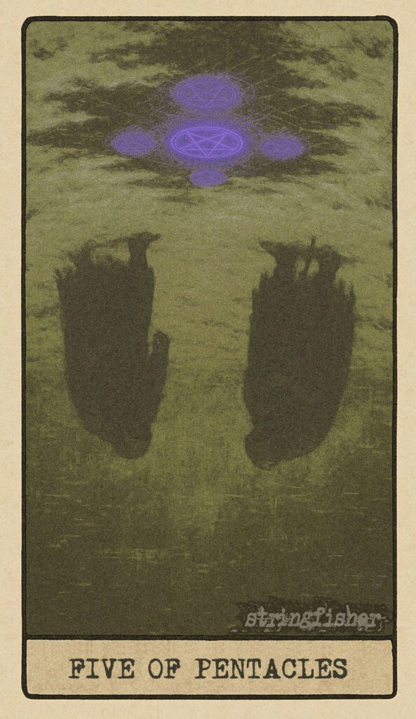 Stringfisher Tarot, reversed Five of Pentacles, symbolic recovery and rediscovered support. Two figures turn toward each other in a frozen wasteland as a Core beneath the ice glows more brightly, casting faint warmth. Symbol of hope, aid, and emerging resources after crisis.