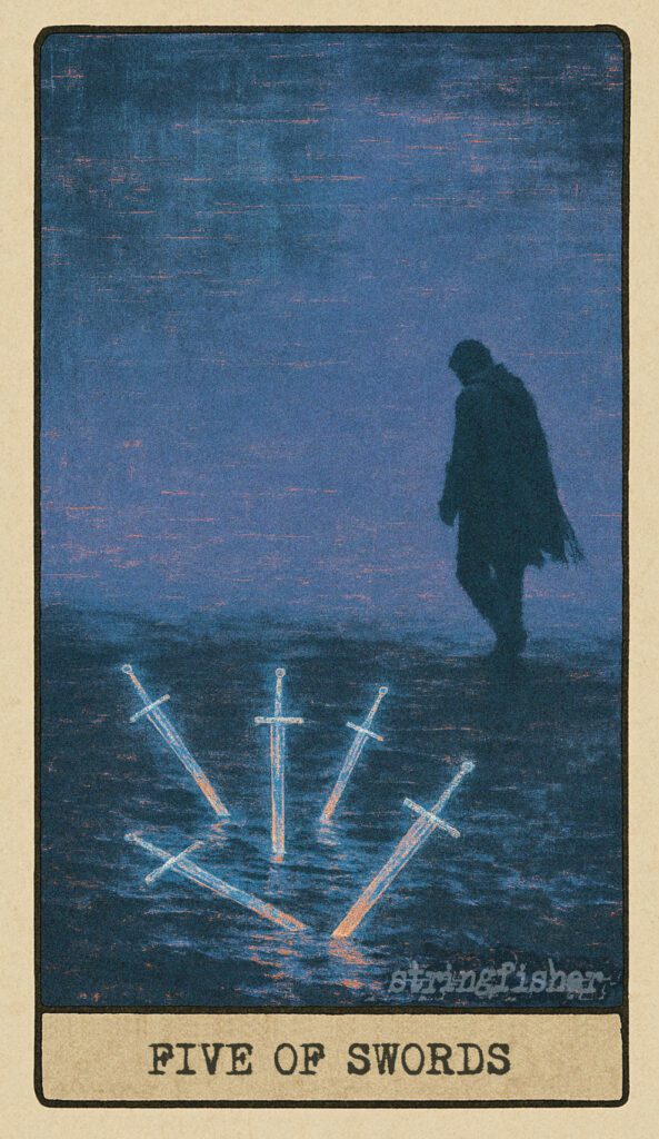Stringfisher Tarot, Five of Swords, mythic theme of conflict and hollow victory. A solitary figure walks away from a pile of five scattered swords under a sky flickering with unresolved lines of code. Symbol of loss, dominance, and the price of winning at any cost.