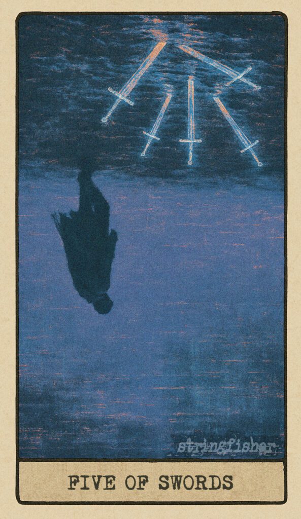 Stringfisher Tarot, reversed Five of Swords, symbolic avoidance and unresolved guilt. A lone figure stands among five scattered swords, looking back at flickering lines of code in the sky. The atmosphere is heavy with regret and unfinished business.