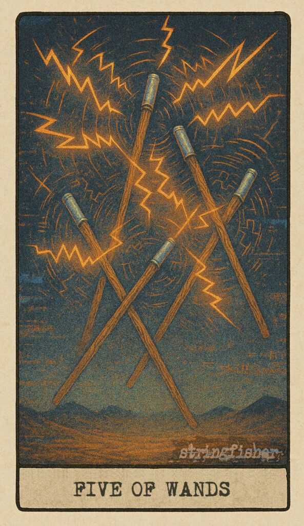 Stringfisher Tarot, Five of Wands, mythic theme of conflict and competition. Five wands in chaotic disarray each broadcast a different signal, their frequencies overlapping and distorting. Symbol of struggle, rivalry, and the creative chaos of many voices.