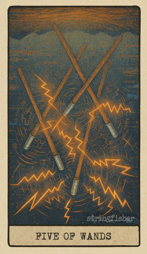 Stringfisher Tarot, reversed Five of Wands, symbolic inner tension and misfired passion. Five wands cross in disarray, their signals muffled and tangled. The atmosphere is heavy with suppressed struggle and unresolved friction.