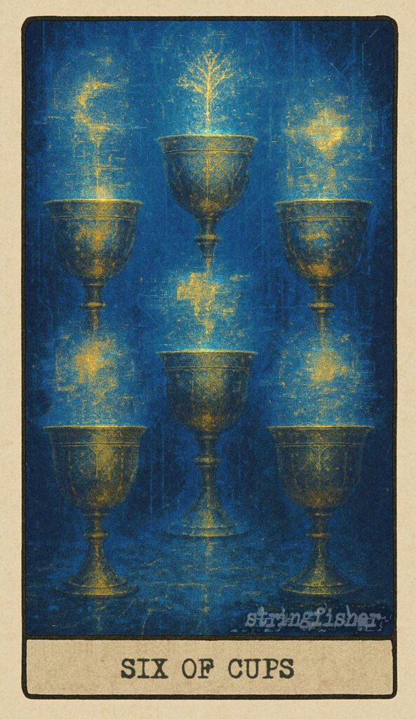 Stringfisher Tarot, Six of Cups, mythic theme of nostalgia and emotional healing. Six cups are arranged like old memory files, each flickering with soft, luminous images from the past. Symbol of joy, innocence, and the emotional power of memory.