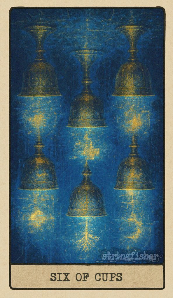 Stringfisher Tarot, reversed Six of Cups, symbolic emotional entrapment and distorted nostalgia. Six cups resemble glitching memory files, their flickering images corrupted or frozen. A warm glow turns cold, reflecting emotional stagnation and longing.