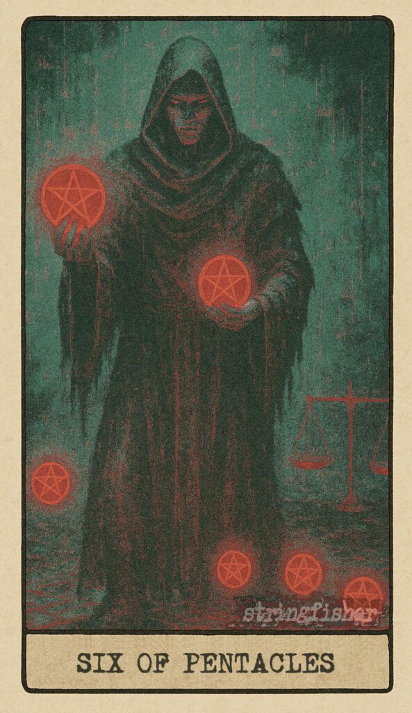 Stringfisher Tarot, Six of Pentacles, mythic theme of generosity and value exchange. A central figure distributes glowing Cores into six waiting nodes. Three are already filled, three still expectant. A faintly pulsing scale measures the flow. Symbol of giving, receiving, and the balance of resources.