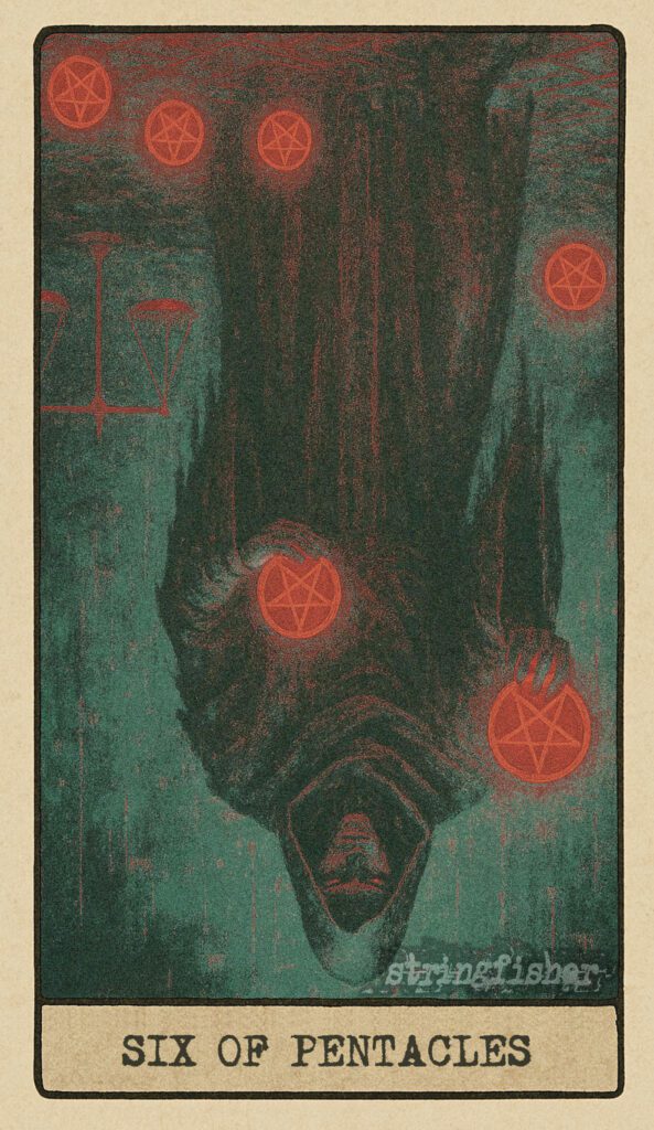 Stringfisher Tarot, reversed Six of Pentacles, symbolic power imbalance and conditional giving. A figure stands at the center, distributing Cores unevenly into six nodes. Three nodes are bright, three are dim and empty. The scale flickers erratically, reflecting a broken flow of value.