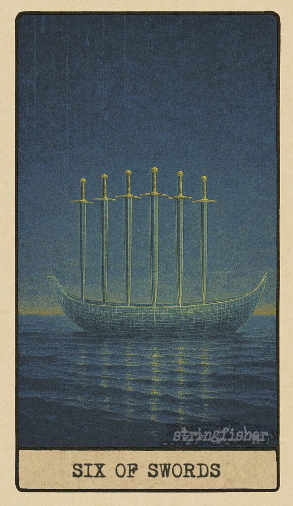 Stringfisher Tarot, Six of Swords, mythic theme of moving forward and transition. A small craft made of data carries six swords across a dark memory-sea toward a faintly glowing horizon. Symbol of mental evolution, passage, and leaving old patterns behind.