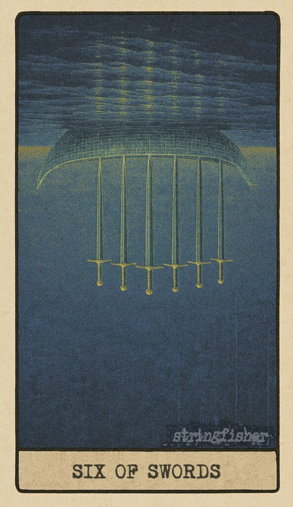 Stringfisher Tarot, reversed Six of Swords, symbolic resistance to change and emotional baggage. A data-craft sits motionless on a dark memory-sea, six swords weighing it down. The horizon remains dim, progress halted by the weight of the past.