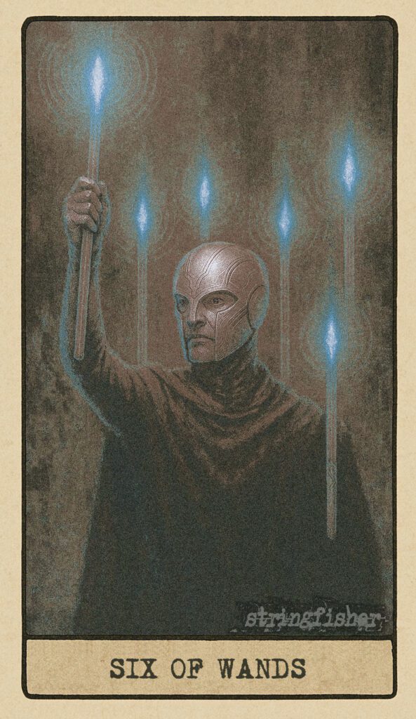 Stringfisher Tarot, Six of Wands, mythic theme of recognition and visible victory. A figure holds one glowing wand aloft while five more hover behind in synchronized support. All wands pulse with the same rhythm, symbolizing triumph and creative validation.