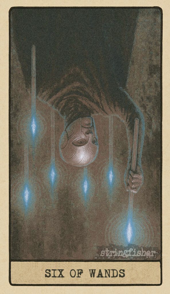 Stringfisher Tarot, reversed Six of Wands, symbolic hollow praise and fear of exposure. A figure hesitates with a dim wand held aloft, while five wands behind pulse out of sync. The energy is tense, and the sense of recognition feels fragile or unearned.