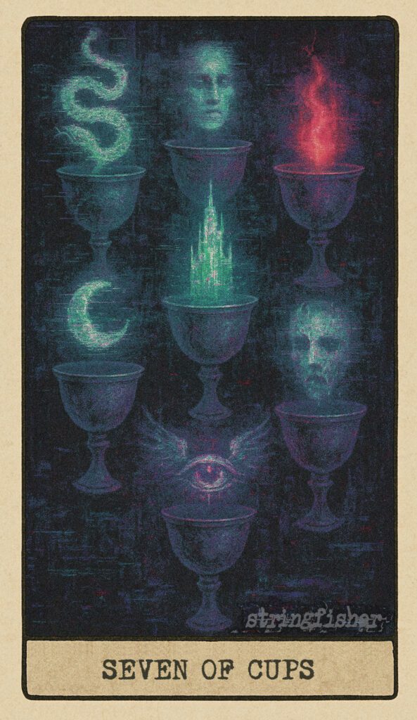 Stringfisher Tarot, Seven of Cups, mythic theme of emotional choices and illusion. Seven cups hover mid-air, each containing a different symbol—some glowing brightly, others glitching. Symbol of possibility, desire, and psychic fragmentation.