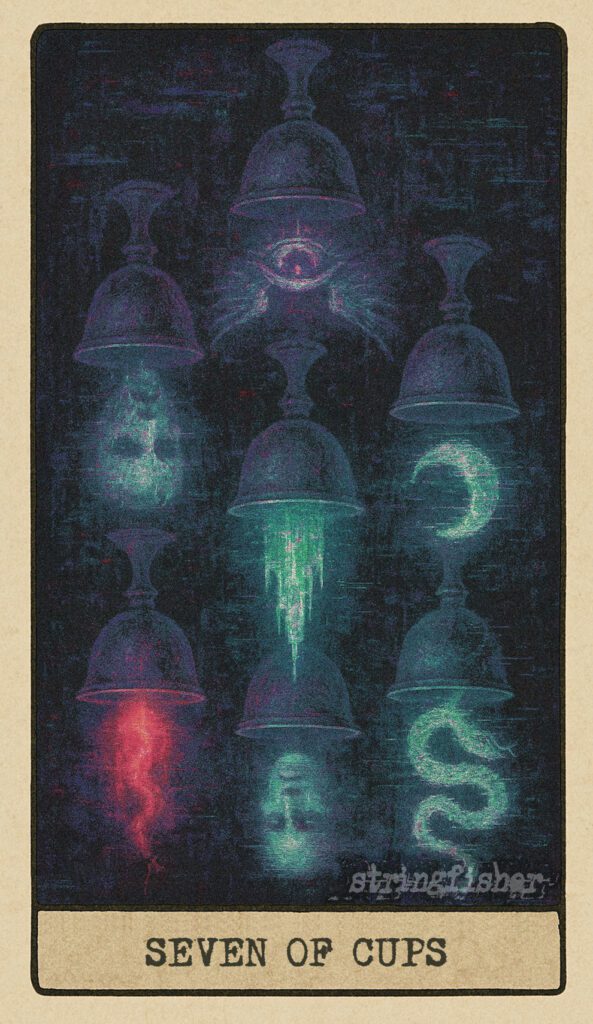 Stringfisher Tarot, reversed Seven of Cups, symbolic emotional overload and delusion. Seven levitating cups flicker erratically, their contents unstable—some distorted, some empty. Symbol of confusion, psychic clutter, and misread desire.